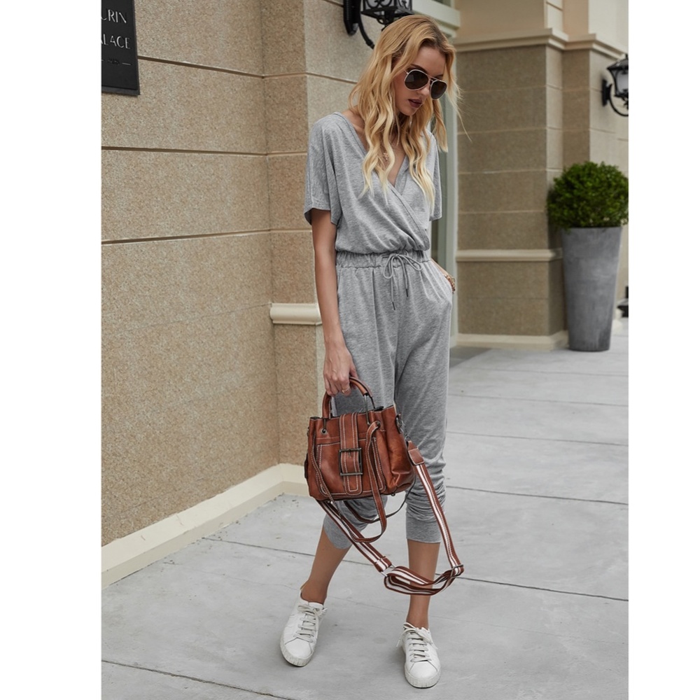 Surplice Top Drawstring Waist Grey Jumpsuit - Picture 5 of 12